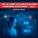 A futuristic digital banner showing an AI female avatar chatting with a user on a holographic screen. Background should feature a global map with glowing tech hubs (USA, India, EU) connected by neon lines. Text overlay: “Top 10 Candy AI Clone Development Companies Worldwide – [year] | SORTED FIRMS”. Style: modern, sleek, business-oriented, with a mix of tech blue and bold red accents.